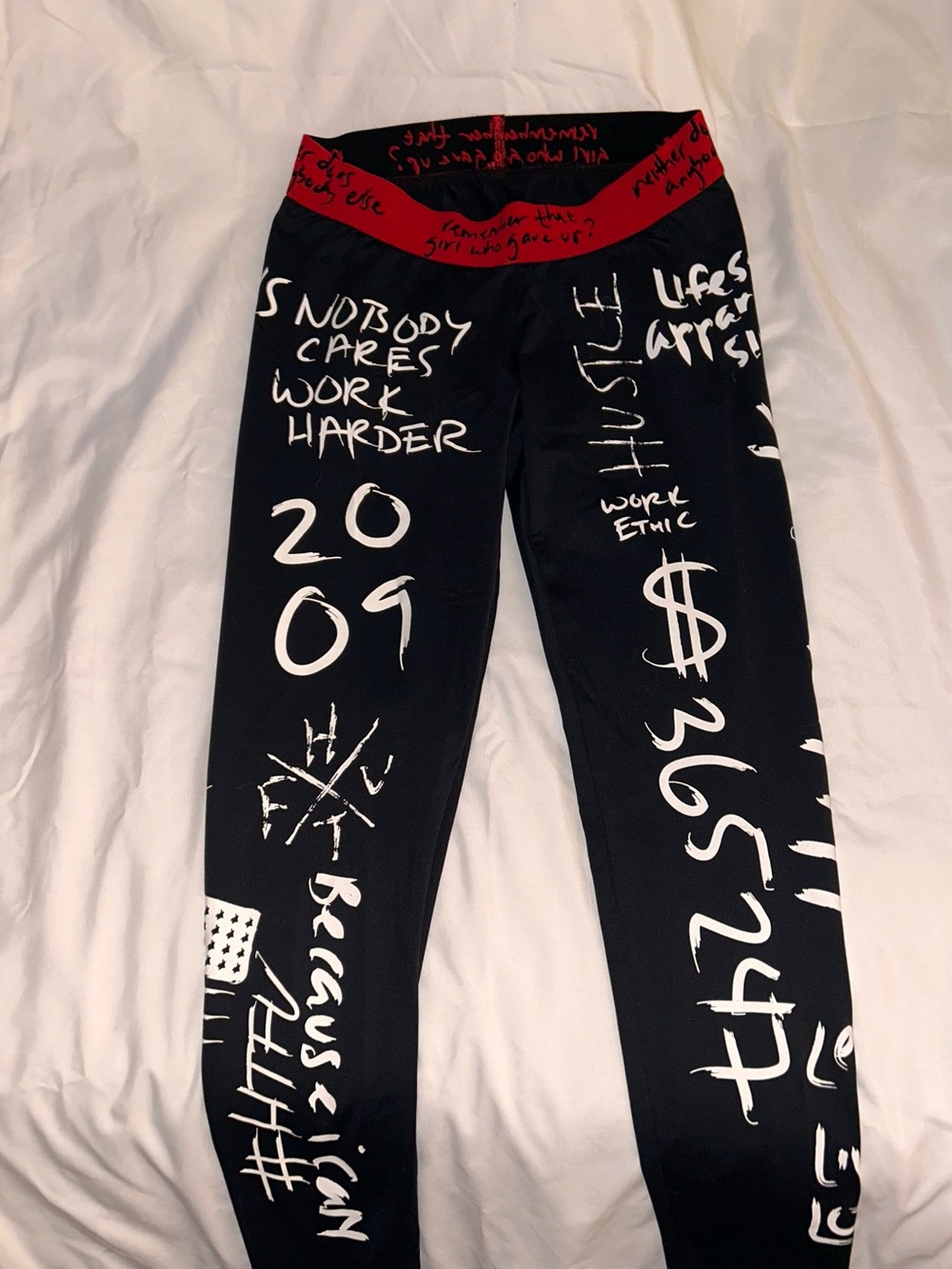 Black Graphic Script Leggings with Red Waistband